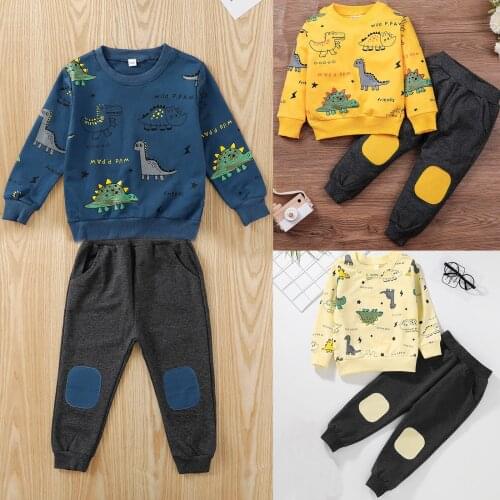 Childrens Sets Autumn Boys Long-slevees Sweatshirt + Long Pants Dinosaur Set Cartoon Sport Wear Suit