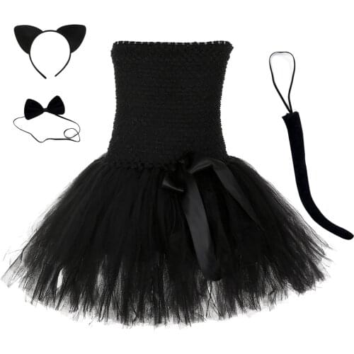 Black Cat Girls Tutu Dress Headwear Tail Animal Girl Birthday Party Dresses Kids Girls Halloween Performance Cosplay Costumes