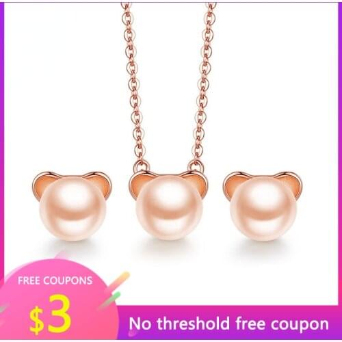 925 Silver Cute Bear Jewelry Set Freshwater Pearl Necklace Earring Rose Gold Set Feminine Korean Mini Earring Simple Pendant