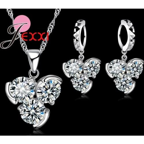 Fashion Women Jewelry Sets 925 Sterling Silver CZ Crystal Clover Shape Necklace&Earrings Jewelry Set