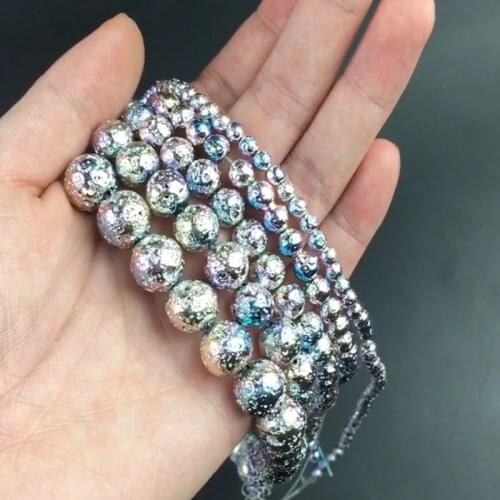 Natural Stone Beads Silver Color Rock Volcanic Lava Round Beads For Jewelry Making DIY Bracelets Accessories 15'' 4/6/8/10mm