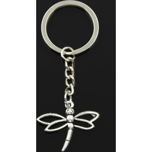 Fashion 30mm Key Ring Metal Key Chain Keychain Jewelry Antique Bronze Silver Color Plated Hollow Dragonfly 32x27mm Pendant