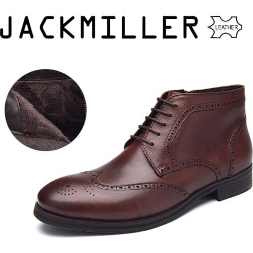 Jackmiller Top Brand Men Boots Genuine Leather Business office Boots Brown Color Good Quality Lace-Up & Side Zipper RubberSole