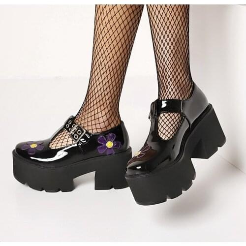 OLOMLB Women Lolita Belt Buckle Flower Gothic Punk Pumps Shoes Platform Chunky High Heel Creepers Japanese Harajuku New 2021