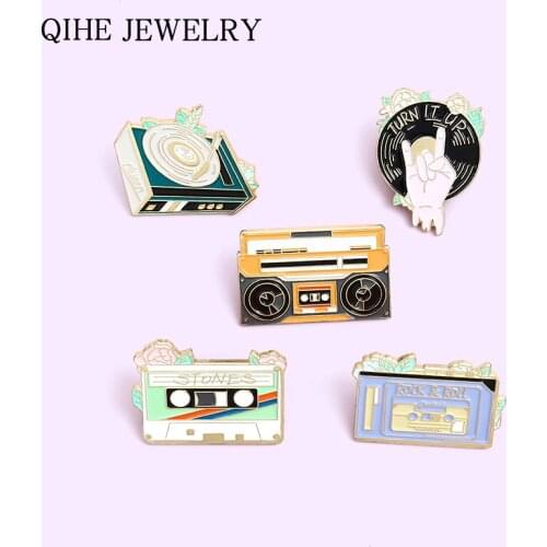 Punk Music Lovers Enamel Pin Tape Cassette DJ Vinyl Record Player Badge Brooches Lapel Pins Cool Gothic Jewelry Gift for Friends