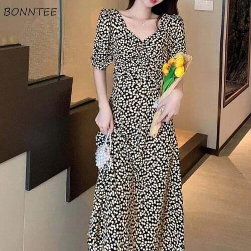 Dress Women Floral Mid-calf A-line Elegant French Style Girls Square Collar Lantern Sleeve Back Hollow Out Sexy Leisure Holiday