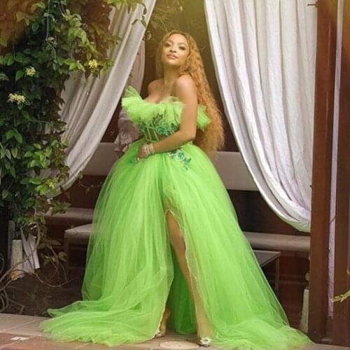 Chic Grass Green Formal Dresses Party Dress Tulle Evening Gowns Off Shoulder Custom Made Puffy Slit Floral Women Prom Gowns