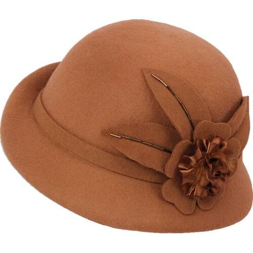 H735 Fedoras Hat Female Autumn Winter Korean Fashion Wool Felt Curling Cap Women British Retro Flower Church Party Outdoor Hats