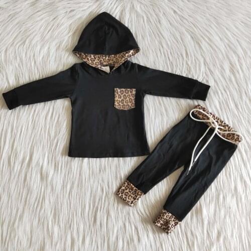 2020 High quality kids fall winter clothes girls leopard hoodied shirt and black legging pants set baby girl cotton outfit RTS