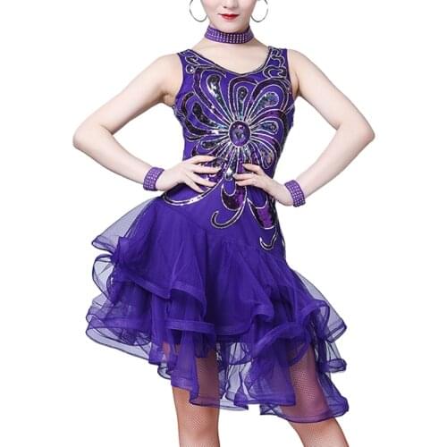 Multi-Layer Lace Hem Skirt Sequin Embroidery Decoration Sleeveless Latin Dance Dresses Samba Rumba Performance Racing