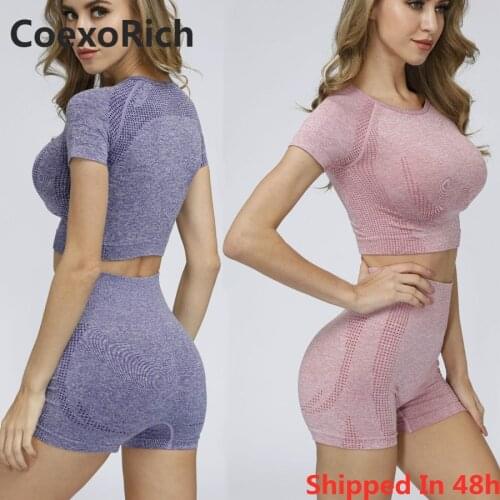 Women Short Sleeve Yoga Set Gym Clothes Workout 2 Piece Vital Seamless Sport Suit Fitness Crop Top Shirt High Waist Shorts