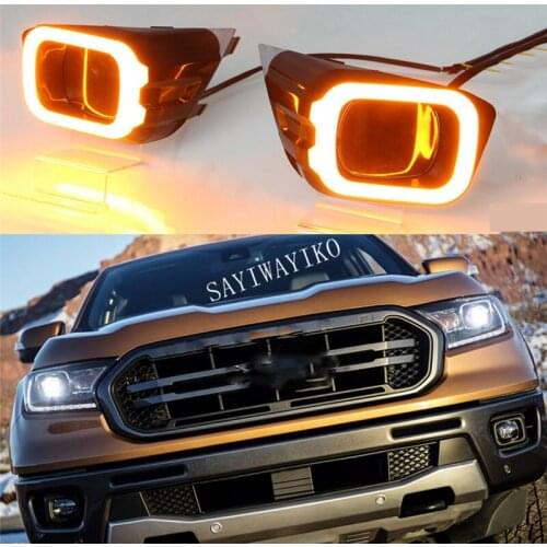 2PCS LED Daytime Running Light Fit For Ford Ranger T8 2019 2020 Yellow Turning Signal Relay Waterproof Car 12V LED DRL Lamp