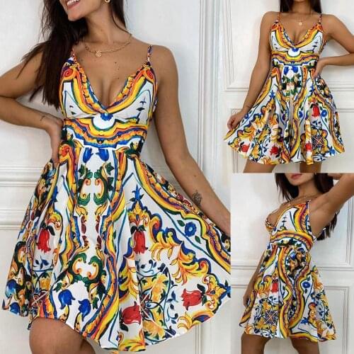 2021 New Women Summer Slip Dress, Full Floral Spaghetti Straps V-Neck Backless A-Line Skirt for Girls, S-XL