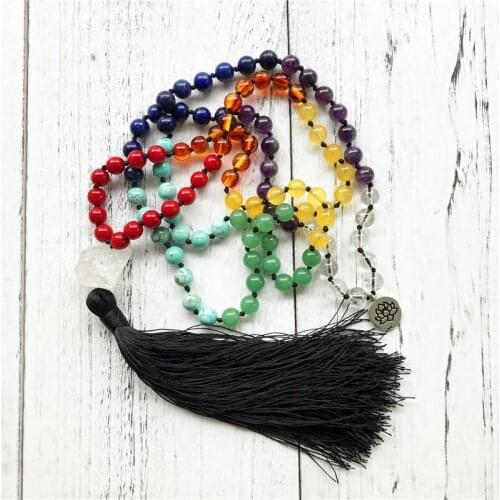 7 Chakra 108 Mala Beads Necklace Colorful Beads Meditation Jewelry Hand Knotted Tassel Necklace Lotus Yoga Jewelry Protection