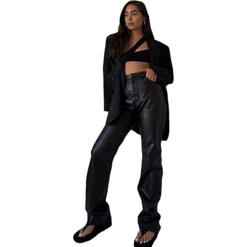 Women Straight Pockets Summer Elegant High Waist Trousers Office Lady Slim Vintage Pants Fashion Faux Leather Pants