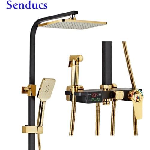 Digital Bath Shower Set Senducs Black Gold Thermostatic Shower System Rainfall Shower Head Gold Bathroom Pvc Pressure Shower