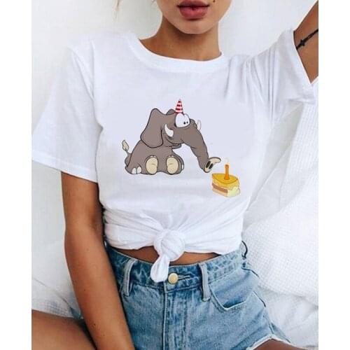 Womens T-shirt Summer Kawaii Elephant Print Basic O-Neck T-shirt Girl Ladies Streetwear Harajuku T-shirt Kawaii Graphic Tees