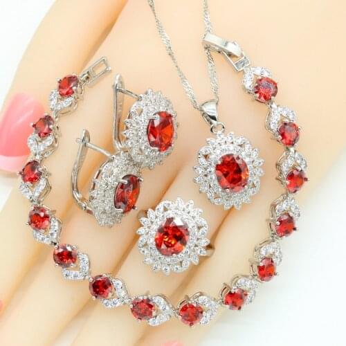 Red Zirconia Dubai Silver Color Jewelry Sets For Women Bracelet Hoop Earrings Necklace Pendant Rings Birthday Gift