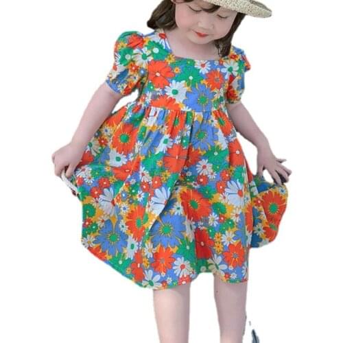 Summer Cosy Ruffle Floral Dress Girls Sweet Princess Dresses 2021 Children Colorful Print Puff Sleeve Party Dress Lovely Clothes
