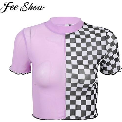 Fashion Women Summer Running Yoga Top T-shirts Short Sleeves Checkerboard Print See-through Mesh Cropped T-shirt Tops Sportswear