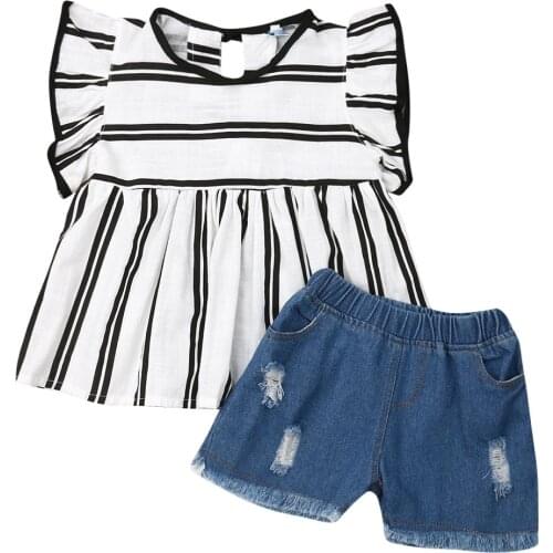 Toddler Girl Clothes 2pcs Kids Baby Girl Clothes Outfit Stripe T-shirt Top+Denim Jeans Pants Shorts Set
