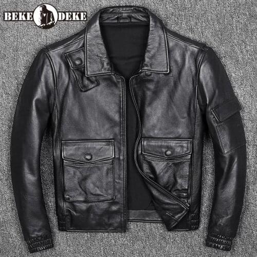 Luxury Men Bomber Cowhide Genuine Leather Jacket High Quality Casual Motorcycle Coat Street Multi-Pockets Biker Jacket M-3XL