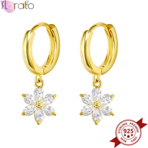 925 Sterling Silver Ear Buckle Crystal Flower Huggie Hoop Earrings for Women Hanging Earrings Korea Romantic Sweet Jewelry Gift