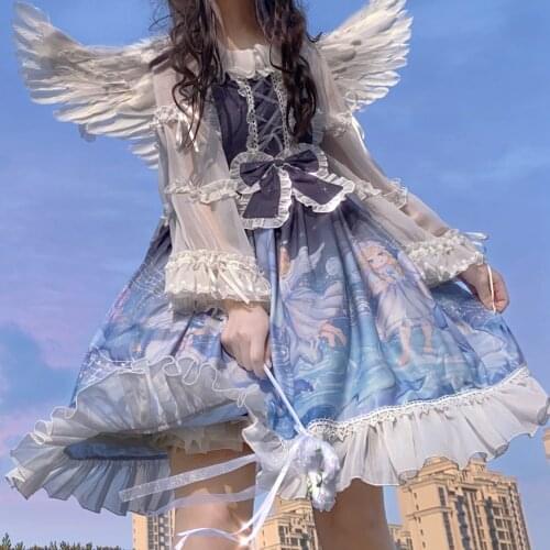 Sweet Blue Lolita Angel Dolphin Bay JSK Japanese Sweet Lolita Sling Dress Vintage Victorian Gothic Princess Tea Party Dresses