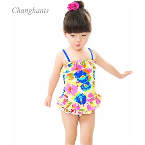 Girls One Pieces Swimsuit with Flower Pattern 2-8Y Kids Bathing Suit Sling Swimwear Baby Sandy Beachwear Children Swim Pool Suit