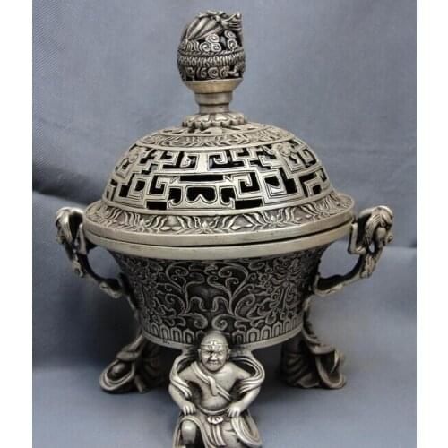 USPS to USA S0377 White Copper Silver Buddhism three Heavenly Kings Dragon Censer incense burner