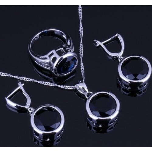 Magic Round Blue Cubic Zirconia Silver Plated Jewelry Sets Earrings Pendant Chain Ring V0008