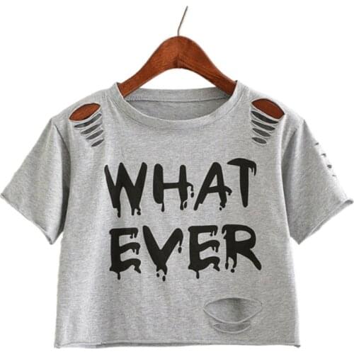 XUANHAO New Summer Fashion Women T-Shirt WHAT EVER Letter Printed Hollow Hole Ripped Crop Top Short O-Neck Casual T-Shirt