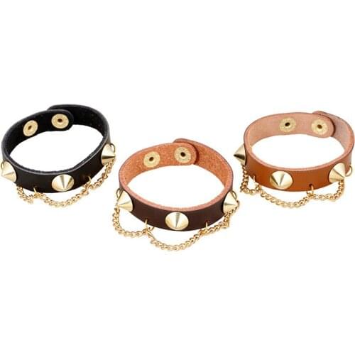 Charm Gold Rivet Chain Punk Wrap Genuine Leather Bracelets For Women New Arrival Adjustable Bracelets