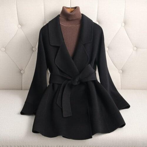 Black Double Faced Tweed Suit Coat Womens Waist Tie Womens Tweed Coat 2021 New Coat Small Man