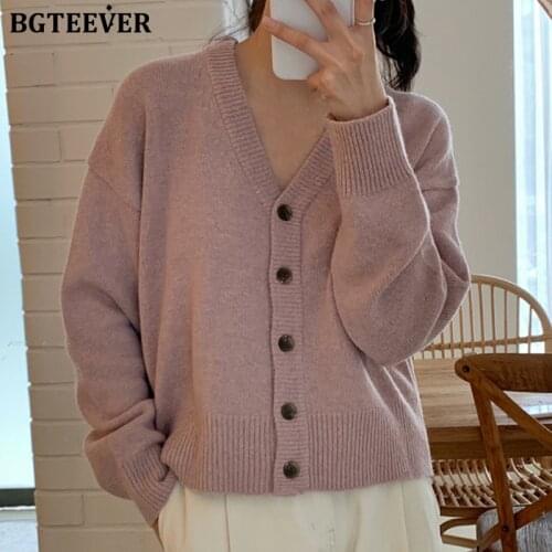 BGTEEVER Casual V-neck Women Long Sleeve Sweater Coats Soft Warm Single-breasted Loose Female Knitted Cardigans 2020 Autumn