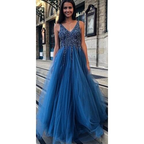 Beaded V Neck Prom Dresses Long 2021 Sleeveless Backless Tulle A Line Formal Evening Party Gowns Women Robe De Soiree
