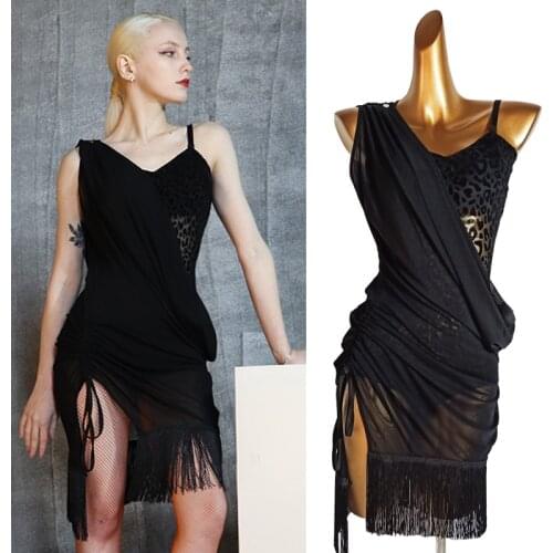 New Latin Dance Dress Women Lepard Bodysuit+Mesh Fringe Dress 2 Pcs Sexy Samba Costume Prom Latin Performance Clothes VDB3290