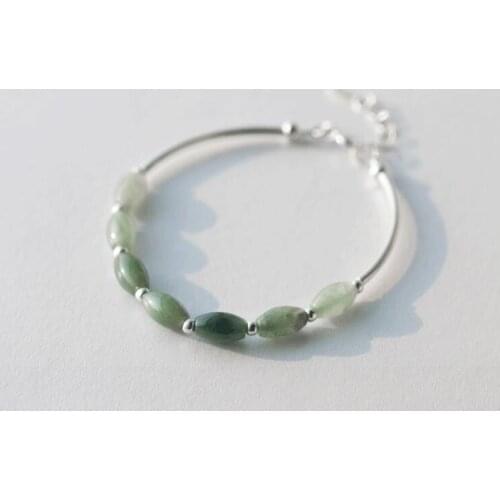 100% Real. 925 Sterling Silver Natural Green Jade Oval/ waterdrop &Lucky Ball round bead charms Bracelet Bangle Cuff GTLS398