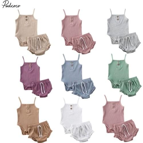 2020 Summer Newborn Baby Girl Clothes 0-24M Knitted Button Crop Tops Vest + Ruffle Shorts Pants Outfits Infant Baby Clothing Set