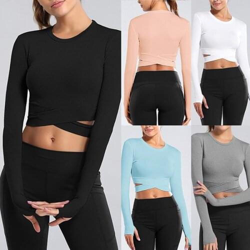 2021 Frauen Langarm Laufen Shirts Ausgesetzt Nabel Yoga T-shirt Solide Sport Shirts Quick Dry Fitness Gym Crop Top Sport tragen