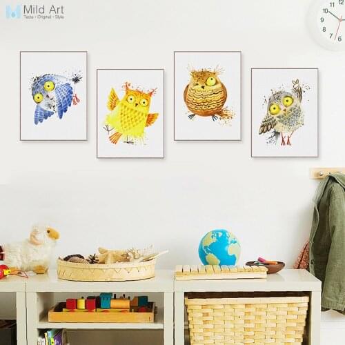 Watercolor Kawaii Cartoon Birds Owl A4 Posters Nordic Baby Kids Room Wall Art Print Picture Home Decor Canvas Paintings Custom