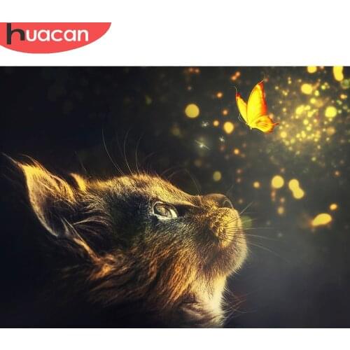 HUACAN Diamond Art Painting Cat Butterfly Wall Stickers Diamond Embroidery Mosaic Animal Fantasy Cross Stitch Gift