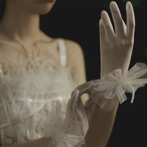 Korean Women Sweet Wedding Sheer Short Gloves Handmade Faux Pearl Beaded Bowknot Decor Bridal Prom Party Mittens