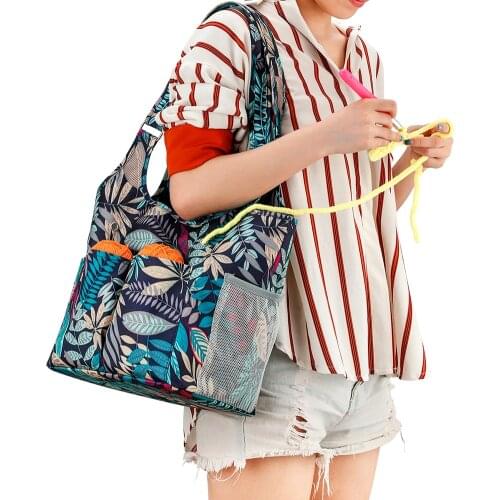 Crocheting Hook Tote Oxford Cloth Wool Storage Bag Leaf Printing DIY Needlework Knitting Needles Sewing Thread Yarn Organizer