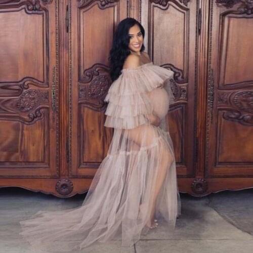 Sweet Dusty Pink See Thru Tulle Women Dresses For Maternity Photoshoot Ruffles Tiered Pregnant Woman Long Dresses