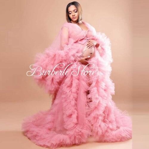 Fashion Pink Ruffles Tulle Pregnant Woman Dresses To Photo-shoot See Thru Long Tulle Robe Ruffles Long Puff Sleeves Vestidos