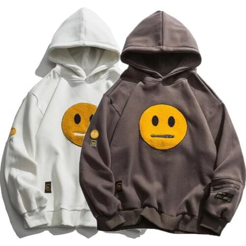 2021 Zipper Pocket Smile Face Patchwork Fleece Hoodies Sweatshirts Streetwear Mens Hip Hop Casual Pullover Hooded Male Tops