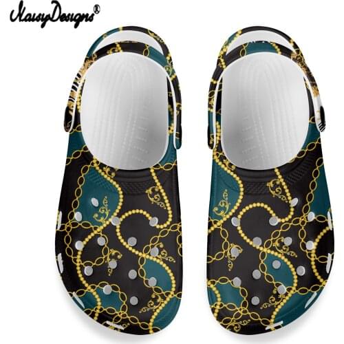 NOISYDESIGNS Gold Chain Design Men Sandals New Hole Shoes Rubber Clogs Unisex Garden Shoes Black Men Women Lightweight Sandals