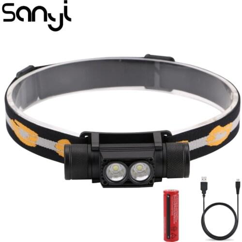 SANYI 2*XML-L2 Headlight Power by 18650 Battery 6 Modes 3800LM Flashlight Forehead USB Charging Camping Hunting Headlamp