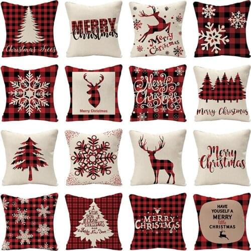 Pillowcase Linen Red Scottish Plaid Christmas Cushion Cover Reindeer Tree Snowflake Printed Christmas Sofa Sofa Bed Decor Pillow